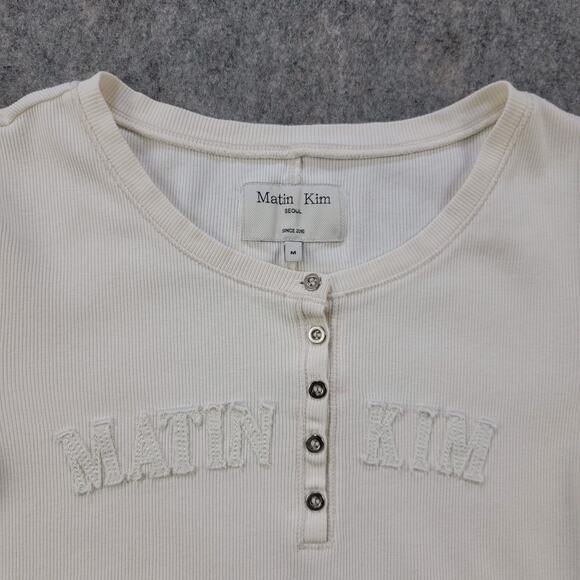 Matin Kim Applique Logo Henley Top Sweater Size M White Long Sleeve K-Pop Korea - Picture 8 of 15